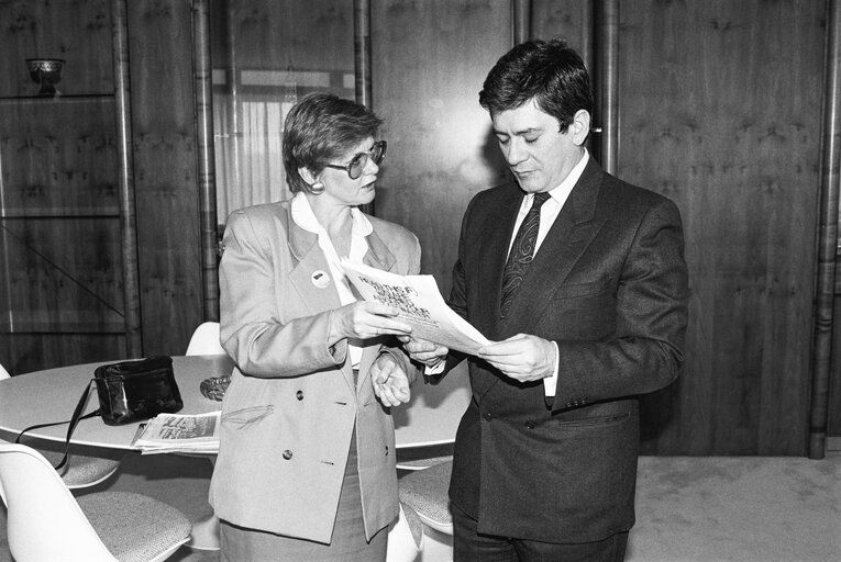 Foto 4: MEP Anita Jean POLLACK hands over a petition to EP President in April 1990 in Strasbourg