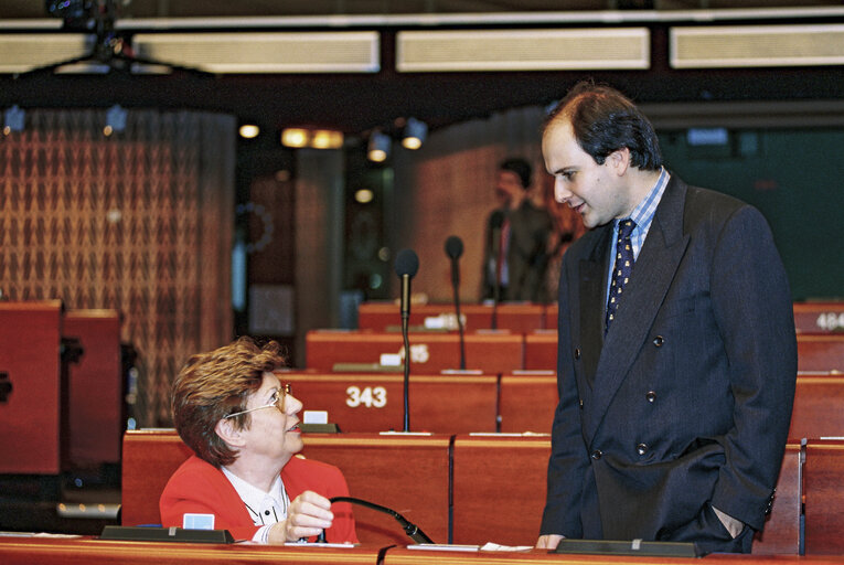 Portrait of Mep in the hemicycle of the European Parliament in Strasbourg