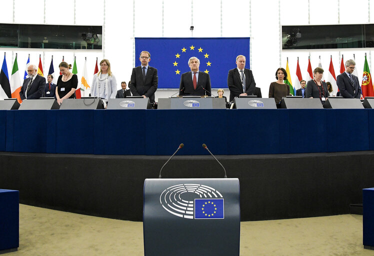 Minute of silence for the victims of the London block fire of the Grenfell Tower in plenary session Week 24 2017 in Strasbourg