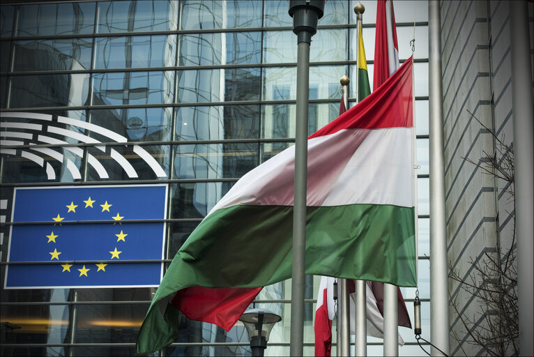 Fotografi 9: Hungarian flag at half-mast at the European Parliament in Brussels