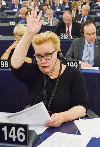 Fotogrāfija 1: Sirpa PIETIKAINEN voting in plenary session Week 24 2017 in Strasbourg