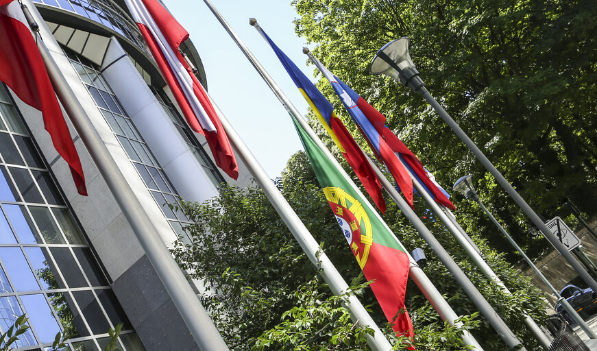 Fotografie 3: Portuguese and EU flags at half-mast at the European Parliament following forest fires and death in Portugal