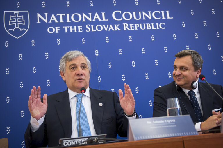 President of the European Parliament Antonio Tajani (L) and Speaker of National Council of The Slovak Republic Andrej Danko attend a press conference during the Conference of European Parliaments Chiefs in Bratislava on April, 24.