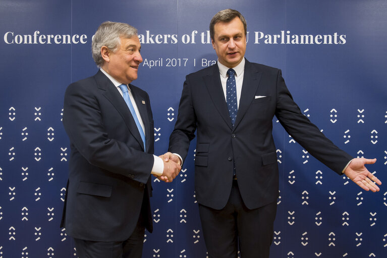 President of the European Parliament Antonio Tajani meets with Andrej Danko during Conference of European Parliaments Chiefs in Bratislava on April, 24.