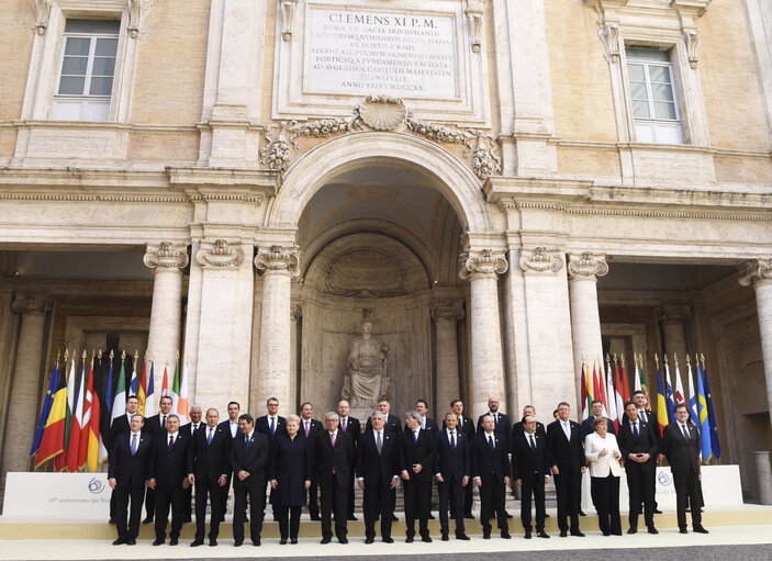 Celebration of the ' 60 years of the Treaty of Rome ' in Campidoglio - Ceremony of the signature of the Rome declaration - Family picture with Paolo GENTILONI, President of the Council of Ministers of the Italian Republic, Antoni TAJANI - EP President, Donald TUSK, President of the European Council, Jean-Claude JUNCKER - EC President and Joseph MUSCAT, Prime Minister of Malta