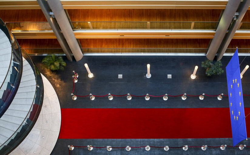 Photo 33: General view of EP building - Architectural details - Red carpet and European flag