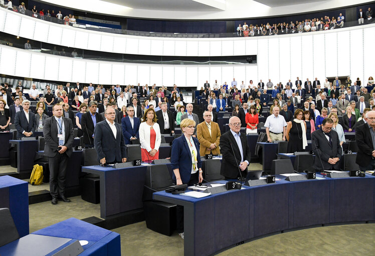 Minute of silence for the victims of the London block fire of the Grenfell Tower in plenary session Week 24 2017 in Strasbourg