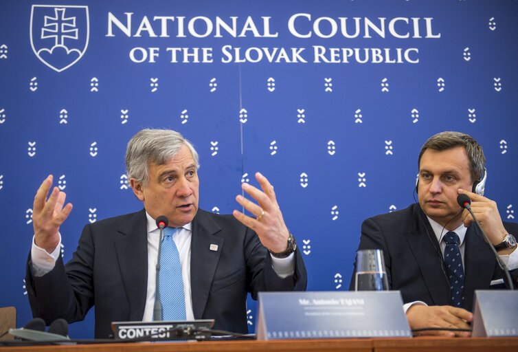 President of the European Parliament Antonio Tajani (L) and Speaker of National Council of The Slovak Republic Andrej Danko attend a press conference during the Conference of European Parliaments Chiefs in Bratislava on April, 24.