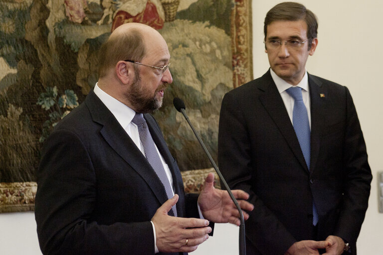 Fotagrafa 2: President of the European Parliament Martin Schulz after meeting with Pedro Passos Coelho, PM of Portugal. Lisbon, January 11, 2013.