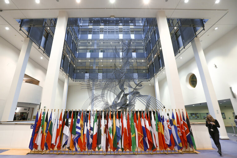 Flags in the European Parliament in Brussels
