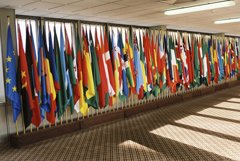 Foto 26: Flags in the entrance of the EP Schuman building in Luxembourg