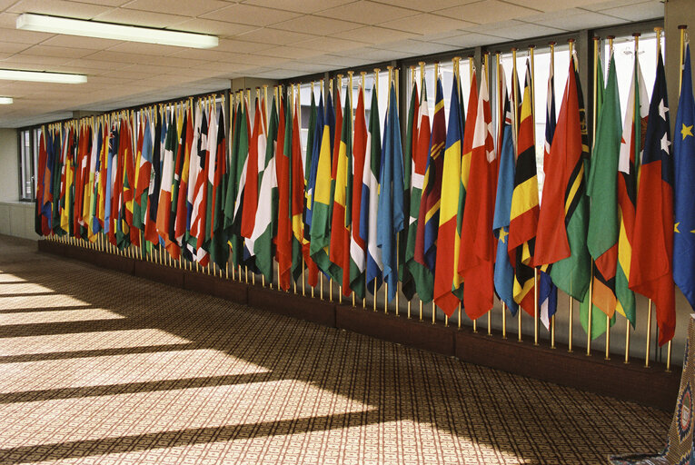 Foto 25: Flags in the entrance of the EP Schuman building in Luxembourg