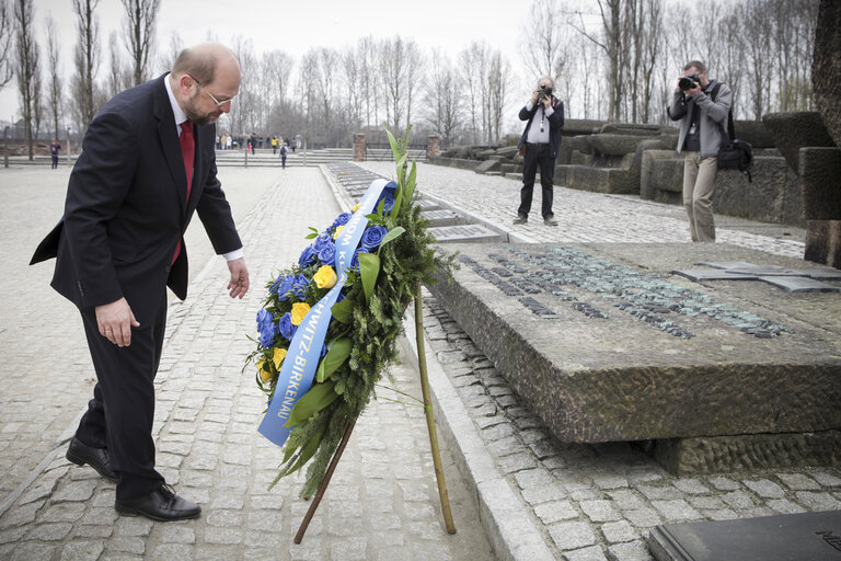 Fotografie 16: Mr Martin SCHULZ EP President, laying flowers in the Brzezinka  death camp