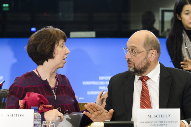 Fotografia 6: Joint press conference with the Co-Presidency of the Union for the Mediterranean in the presence of Commission Vice-President High Representative of the Union for Foreign Affairs and Security Policy, the Minister of Foreign Affairs of Jordan and EP President