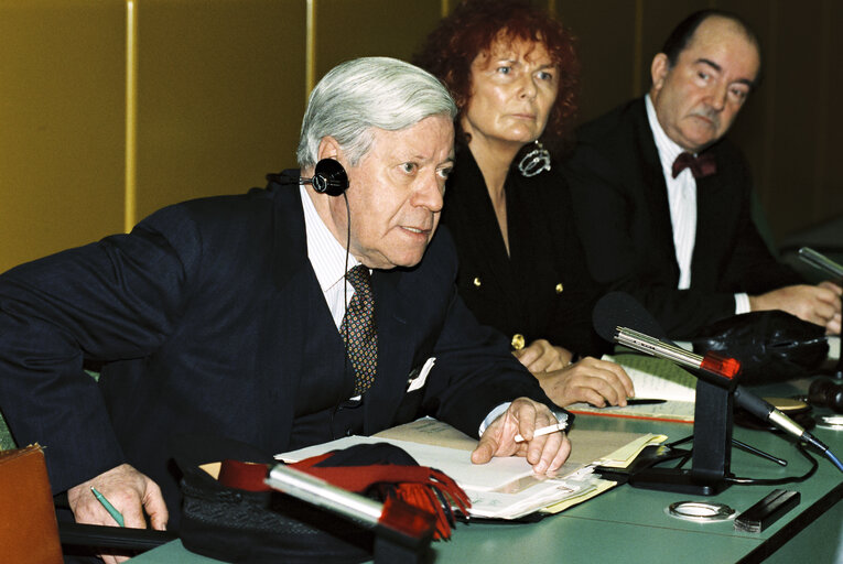 Fotografija 7: Helmut SCHMIDT and MEP Christa RANDZIO-PLATH in a meeting at the European Parliament.