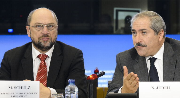 Fotografia 10: Joint press conference with the Co-Presidency of the Union for the Mediterranean in the presence of Commission Vice-President High Representative of the Union for Foreign Affairs and Security Policy, the Minister of Foreign Affairs of Jordan and EP President