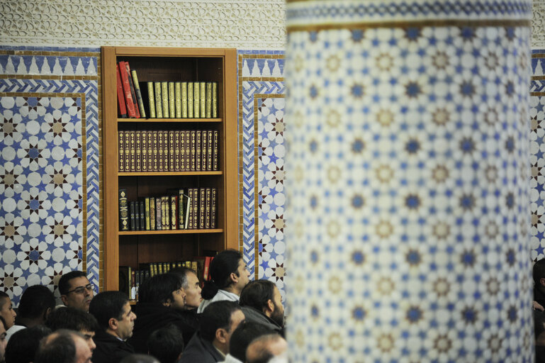 Muslims praying in the Strasbourg Mosque