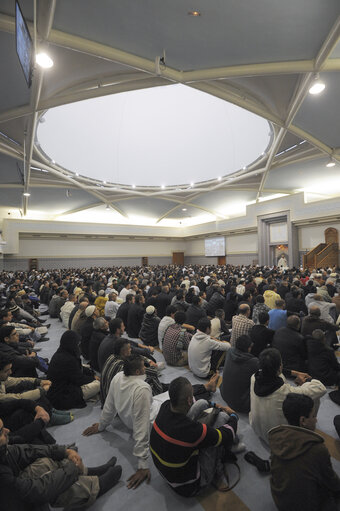 Muslims praying in the Strasbourg Mosque