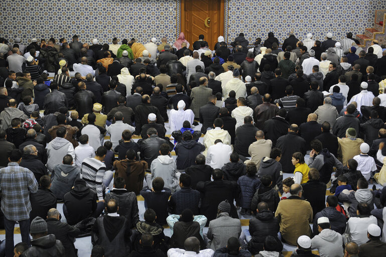 Muslims praying in the Strasbourg Mosque