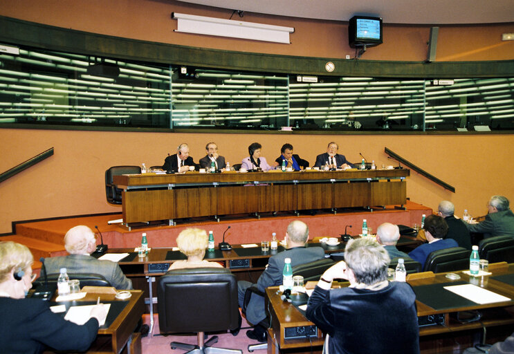 The MEPs Michael ELLIOTT, Pauline GREEN, Olivier DUHAMEL, Claude DELCROIX during a session i Strasbourg in February 1999.