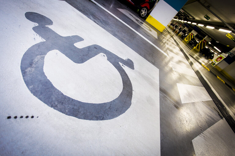 Disabled pictogram inside the European Parlament in Brussels