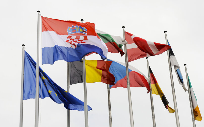 Fotografi 2: Flags in front of the European Parliament in Strasbourg