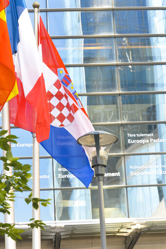 Fotografija 11: Flag of a new incoming member state in front of the European Parliament in Brussels