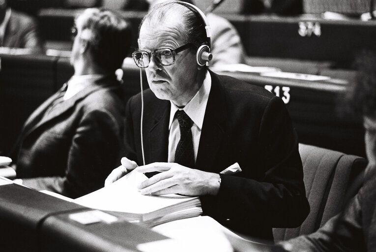 The MEP Jean HAMILIUS during a session in the hemicycle of Strasbourg in November 1979.