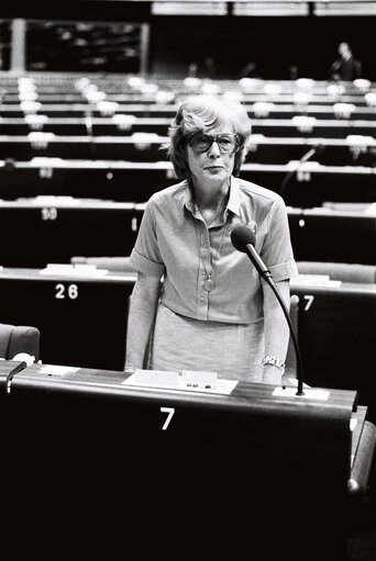 The MEP Barbara CASTLE during a session in Strasbourg on May 1980.