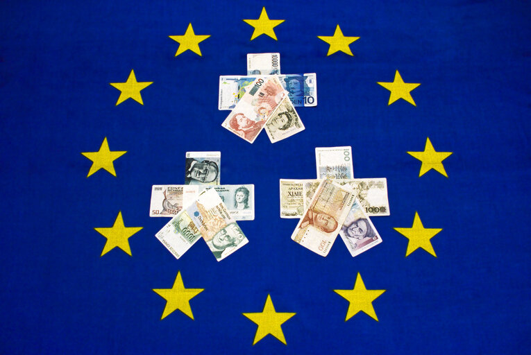 European banknotes on a European flag