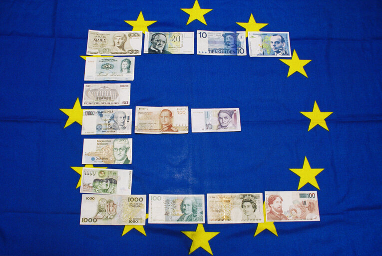 European banknotes on a European flag