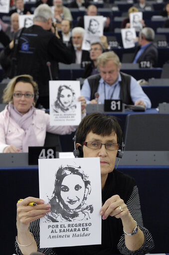 Fotografie 1: Demonstration in support of Aminetu Haidar during the plenary session at the EP in Strasbourg.