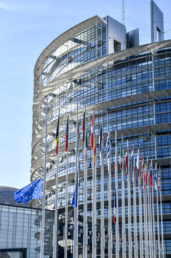 French and EU flags at half-mast at the European Parliament, following the passing away of Simone VEIL, former EP President