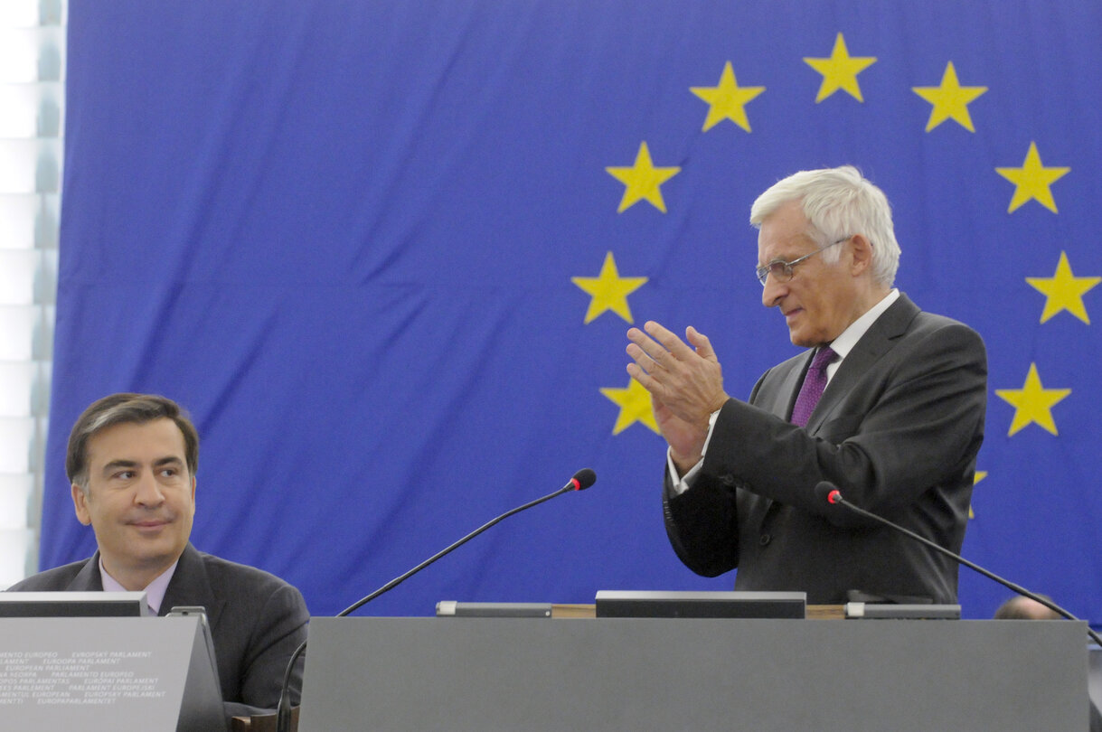 Mikheil Saakashvili, President of Georgia, adresses a formal sitting of the European Parliament in Strasbourg