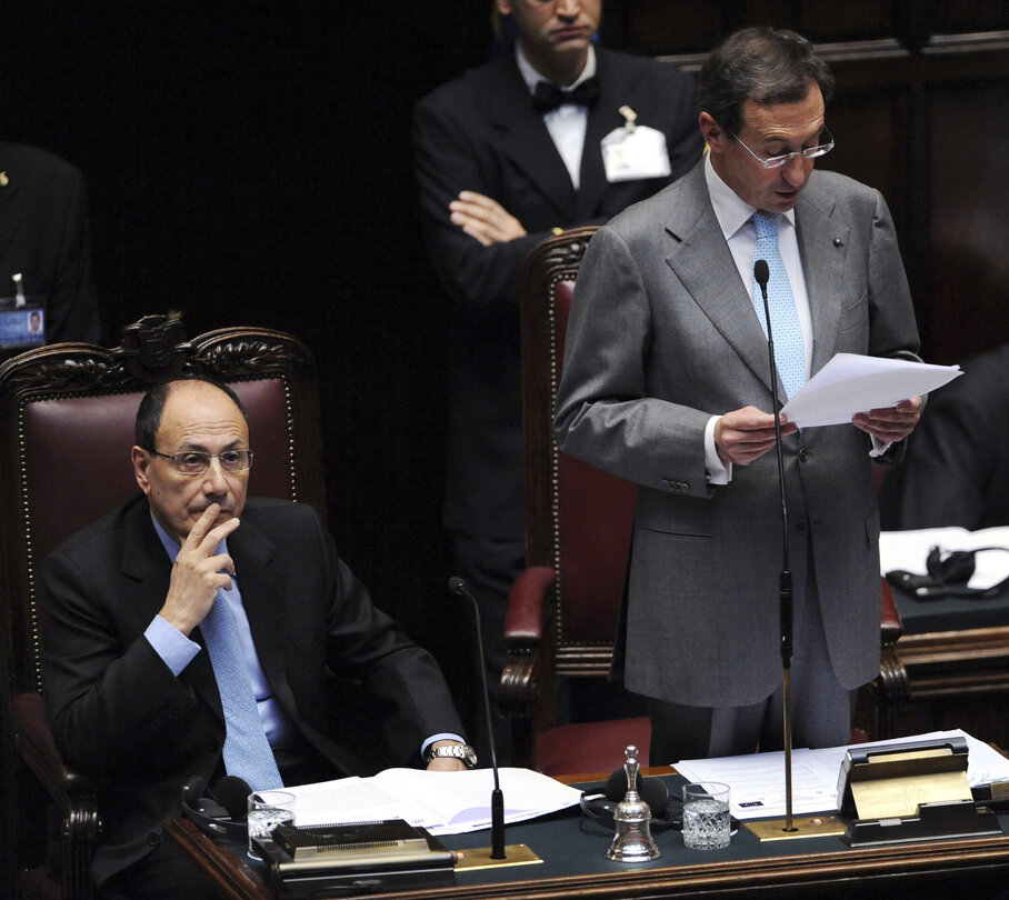 President of the Italian Chamber of Deputies Gianfranco Fini speaks during of the 7th plenary session of the Parlamentary assembly of the Union for the mediterranean at Italian Chambers of Deputies at Palazzo Montecitorio on March 4, 2011in Rome.