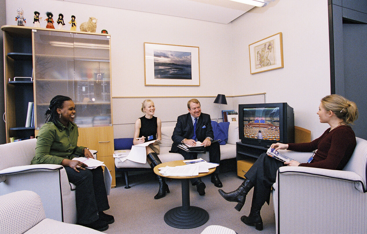 The MEP Struan STEVENSON at his office in Brussels in March 2002.