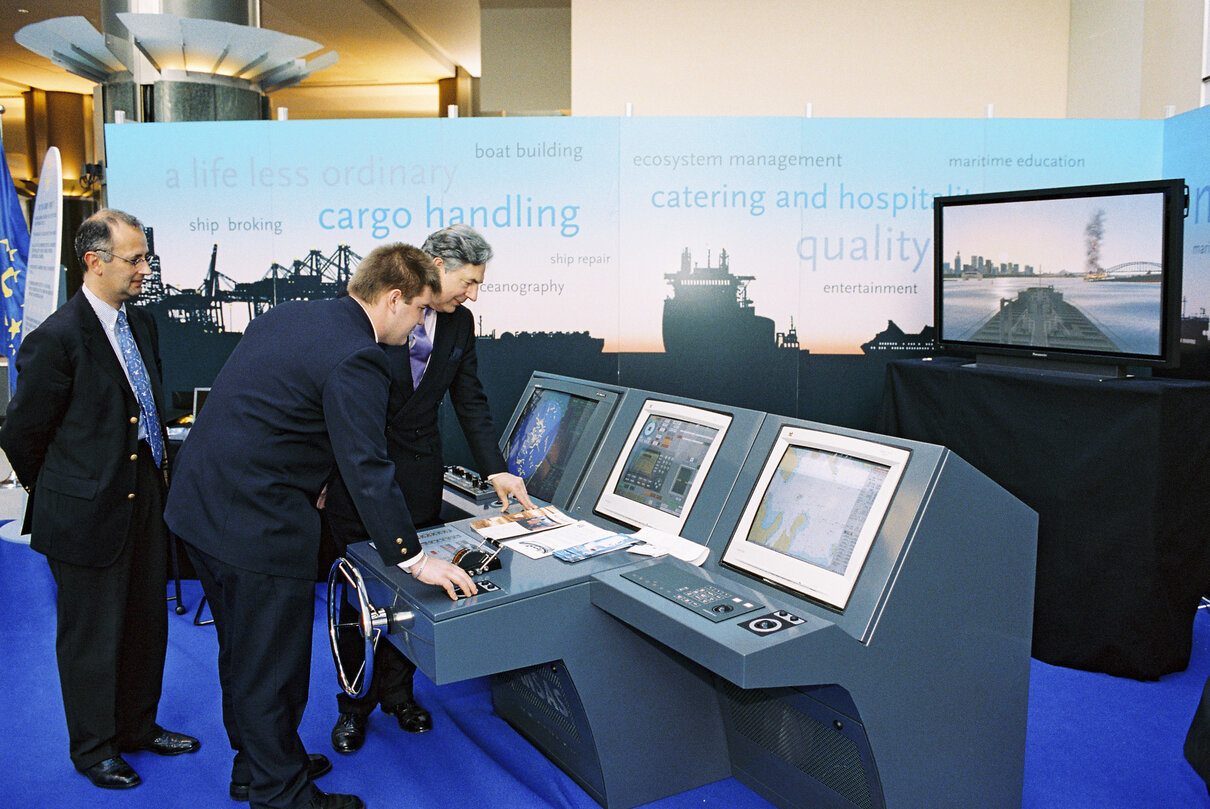 MEP Geoffrey VAN ORDEN testing a ship simulator at the European Parliament in Brussels