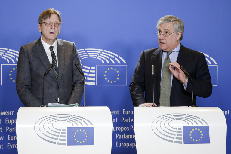 Fotogrāfija 5: Press Point Antonio TAJANI - EP President and Guy VERHOFSTADT on Brexit
