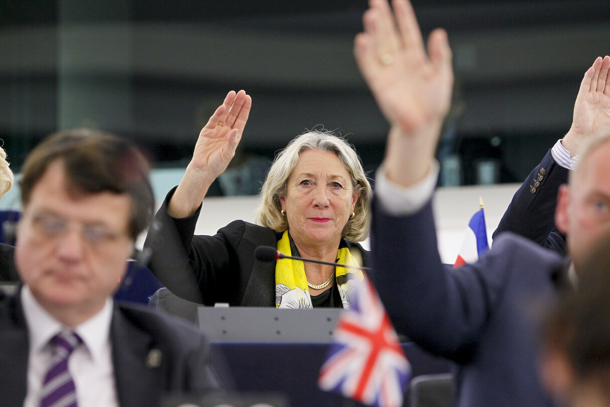 Joelle MELIN voting in plenary session week 41 2015 in Strasbourg