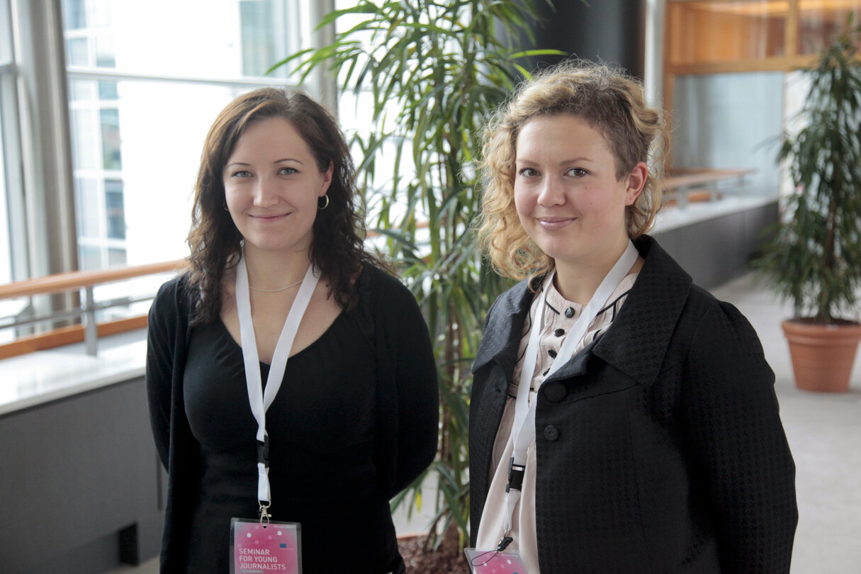 Finnish students pose after an interview during a Seminar for Young Journalists in Brussels