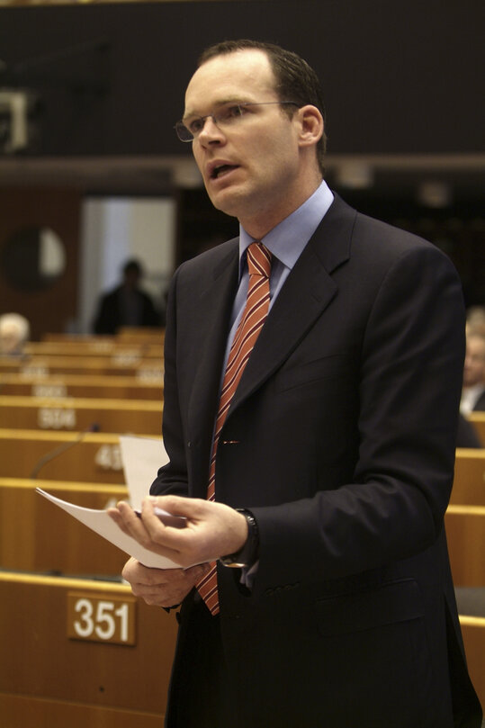 Simon COVENEY in a meeting at the EP in Brussels.