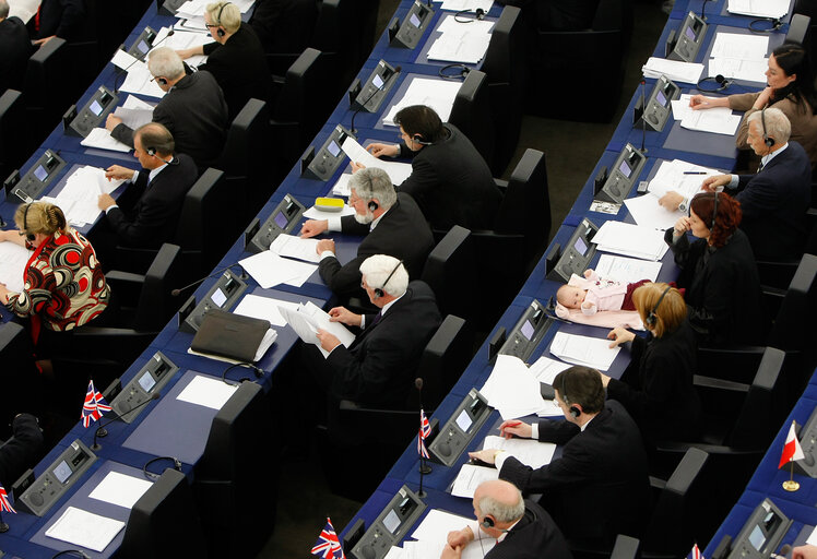 Valokuva 1: Hanne DAHL with her baby in plenary session in Strasbourg.