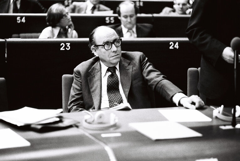 The European Commission President Roy JENKINS during a session in Strasbourg on March 1977.