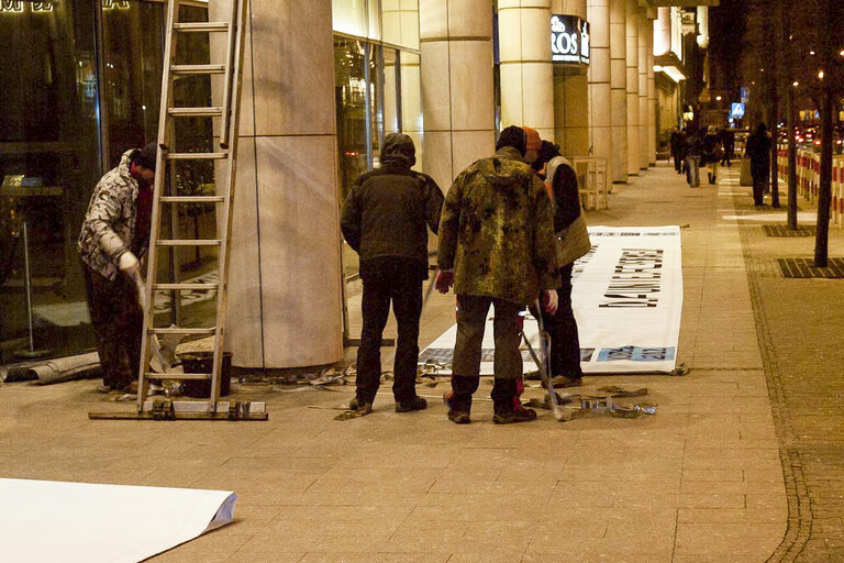 Nobel peace prize banners in Warsaw, Poland