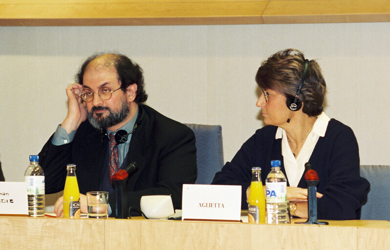 British author Salman RUSHDIE attends a meeting in Brussels