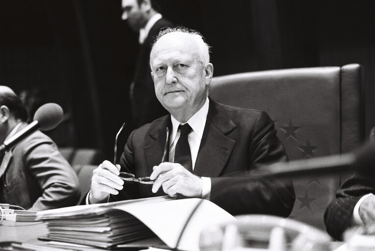 The MEP Pierre PFLIMLIN during a session in Strasbourg on April 1980.