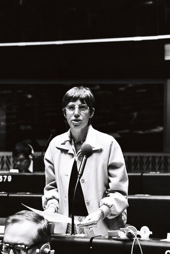 The MEP Sylvie LE ROUX during a session in Strasbourg on April 1980.