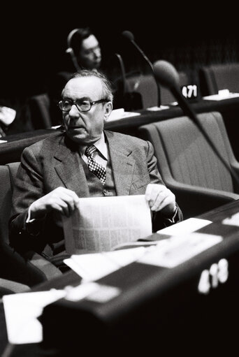 The MEP Michel DEBRE during a plenary session in Strasbourg in January 1980.