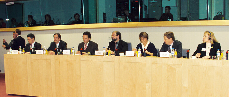 British author Salman RUSHDIE attends a meeting in Brussels