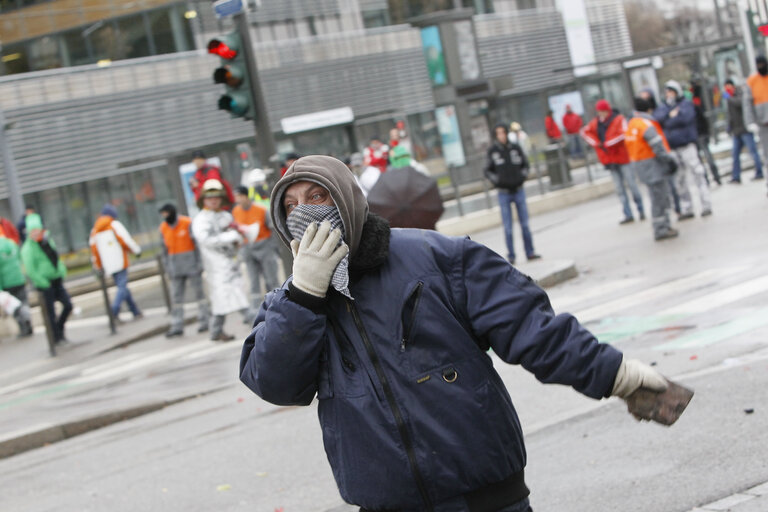 Demonstration by Arcelor Mittal steel workers